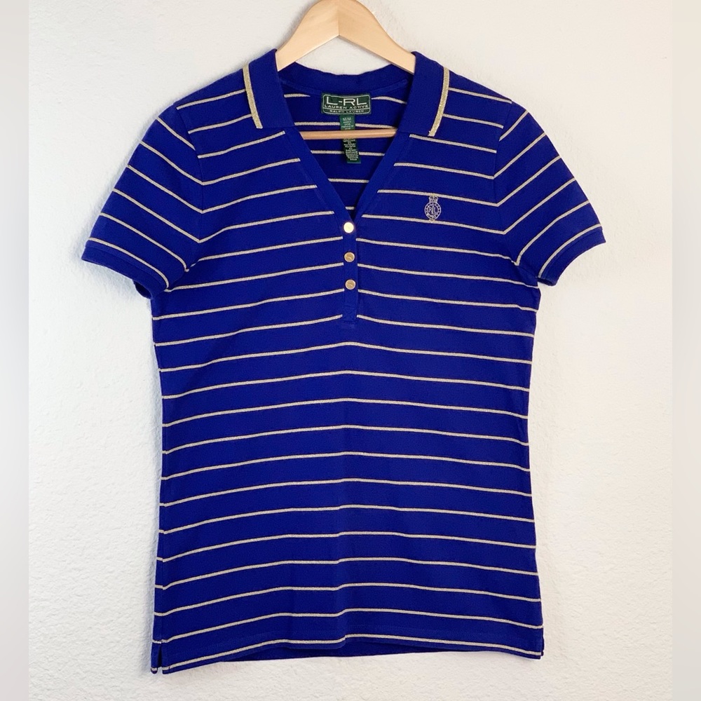 LRL Ralph Lauren Active Blue Metallic Gold Striped Polo Shirt Sz M